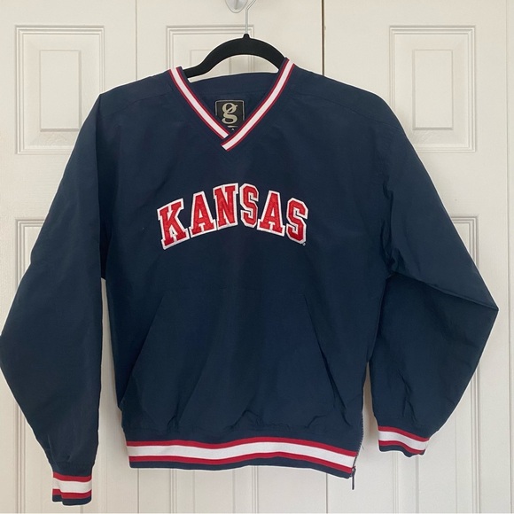 NCAA Kansas Jayhawks Windbreaker Jacket Youth Large Navy Pullover Pockets‎ Gear - Picture 1 of 13